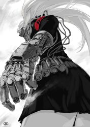  1girl 8zuke absurdres armband black_skirt blonde_hair commentary_request cyborg fake_horns from_behind gas_mask gas_pump gauntlets gloves glowing glowing_eyes greyscale highres horned_headwear horns long_hair mask mechanical_ears mechanical_eyes mechanical_hands monochrome school_uniform science_fiction sensha_isu:_tank_chair signature skirt skull_print smoke solo tall_female thighs touko_(tank_chair) upper_body very_long_hair white_background 