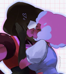  2girls afro antenna0203 blue_hair blush closed_eyes colored_skin cotton_candy_garnet dual_persona garnet_(steven_universe) gem_(steven_universe) gloves highres lips multicolored_hair multiple_girls official_alternate_costume parted_lips purple_skin selfcest steven_universe third_eye two-tone_hair yuri 