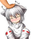  :3 animal_ears blush bust detached_sleeves hands inubashiri_momiji kawasumi petting short_hair silver_hair solo touhou transparent_background wolf_ears 