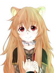  1girl animal_ear_fluff animal_ears black_dress brown_dress brown_hair child closed_mouth collar commentary_request dress hair_between_eyes hand_grab highres long_hair long_sleeves ma_bo_do_hugozen messy_hair metal_collar metal_wrist_cuffs pov pov_hands raccoon_ears raccoon_girl raphtalia raphtalia_(young) red_dress red_eyes short_sleeves simple_background smile solo split_mouth straight-on tanuki tate_no_yuusha_no_nariagari upper_body white_background yellow_dress 