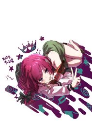  1girl @_(symbol) bare_shoulders barefoot black_bow black_jacket black_nails blunt_bangs bocchi_the_rock! bottle bow braid chinese_commentary commentary_request crown dated dress from_above green_dress hair_bow hand_on_own_arm highres hiroi_kikuri jacket jacket_partially_removed letterman_jacket long_hair looking_at_viewer looking_up lying mcwanderer multicolored_jacket on_side purple_background purple_hair sake_bottle sharp_teeth shoes sidelocks silhouette single_braid solo star_(symbol) swept_bangs teeth two-tone_jacket unworn_shoes v violet_eyes white_background white_jacket 