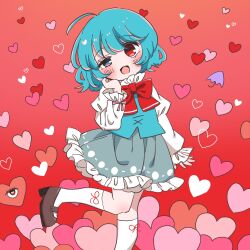  1girl absurdres aqua_hair aqua_vest blue_eyes blue_skirt bow bowtie commentary_request heart heterochromia highres kneehighs long_sleeves looking_at_viewer open_mouth red_bow red_bowtie red_eyes salt_(saltty) shirt short_hair skirt socks solo standing standing_on_one_leg tatara_kogasa touhou vest white_shirt white_socks 