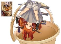  1girl :| black_shoes bloomers blush bucket cat closed_mouth clothes_lift embarrassed fumo_(doll) horn_ornament horn_ribbon horns ibuki_suika long_hair oni orange_hair photo-referenced photo_inset pointy_ears ribbon shoes skirt skirt_lift socks solo touhou upside-down white_background white_bloomers white_socks yellow_eyes zzzinka_kas 
