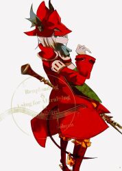  1girl animal_nose armor artist_name ascot blue_ascot burmecian clawed_feet colored_skin commentary_request feet_out_of_frame final_fantasy final_fantasy_ix freya_crescent green_eyes grey_background grey_hair grey_skin helmet highres holding holding_polearm holding_weapon jacket looking_at_viewer mouse_girl mouse_tail orange_pants orange_ribbon pants polearm red_helmet red_jacket ribbon shoulder_armor solo sososohran standing tabard tail tail_ornament tail_ribbon weapon winged_helmet 
