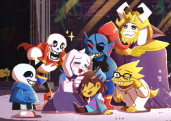  1other 3boys 3girls :d =_= ^_^ absurdres alphys animal_ears asgore_dreemurr beard black-framed_eyewear blonde_hair blue_jacket blue_skin blush brown_hair cape cloak closed_eyes colored_skin column eyepatch facial_hair fang fewer_digits fins floppy_ears frisk_(undertale) furry furry_female furry_male glasses gloves goat_boy goat_ears goat_girl goat_horns grin group_picture hand_on_another's_head happy_tears head_fins highres horns jacket light_rays lizard_tail multiple_boys multiple_girls open_mouth papyrus_(undertale) pillar purple_cloak red_cape red_gloves sans_(undertale) short_hair sitting skin_fang smile sparkle standing tail tears toriel undertale undyne utdr_(toby_fox) watawata22 white_skin wiping_tears yellow_skin 