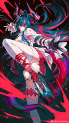  1girl absurdres ahoge angry arms_up artist_name ass ass_focus blood blood_splatter bow chinese_commentary closed_mouth collared_shirt commentary_request dragon_girl dragon_horns dragon_tail fighting_stance finger_claws floating_hair frilled_sleeves frills fur_trim hair_between_eyes hair_bow hair_floating_upwards hair_intakes highres horns huge_ahoge huge_ass knee_up leaning_back leg_up long_hair long_horns long_sleeves looking_at_viewer multicolored_eyes multicolored_hair neverness_to_everness red_claws red_shorts shade shinku_(nte) shirt short_shorts shorts simple_background slit_pupils solo standing standing_on_one_leg streaked_hair tail thick_thighs thigh-highs thighs two-tone_hair upper_body watermark weibo_username weibo_watermark white_shirt white_thighhighs wide_sleeves ye_banxian 