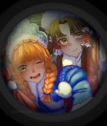  2girls absurdres alternate_costume alternate_hairstyle blonde_hair blue_jacket braid brown_eyes brown_hair christmas closed_mouth frilled_hair_tubes frills fur-trimmed_headwear fur-trimmed_jacket fur_trim hair_tubes hakurei_reimu highres holding holding_sack ibuki_suika jacket long_hair looking_at_viewer mittens multiple_girls one_eye_closed open_mouth pov_peephole red_jacket sack santa_costume smile teeth touhou twin_braids white_mittens winter_clothes yellow_eyes zzzinka_kas 