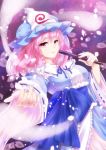  bad_id fan folding_fan ghost hat nunucco outstretched_arm petals pink_eyes pink_hair saigyouji_yuyuko short_hair solo touhou 