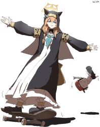  1boy 1girl artist_name baseball_cap black_veil blue_archive blue_eyes blue_neckerchief closed_mouth coif commentary doodle_sensei_(blue_archive) flower full_body halo hat highres kai_xin long_hair long_sleeves mari_(blue_archive) neckerchief nun orange_hair red_hat sensei_(blue_archive) simple_background skateboard untranslatable_commentary veil white_background white_flower yellow_halo 