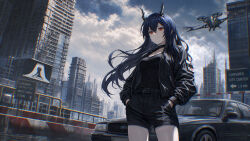  1girl absurdres arknights arrow_(symbol) black_choker black_horns black_jacket black_shirt black_shorts blue_hair breasts building car ch'en_(arknights) choker chromatic_aberration closed_mouth clouds collarbone commentary cowboy_shot drone english_text hair_between_eyes hands_in_pockets highres horns jacket long_hair medium_breasts motor_vehicle open_clothes open_jacket pamumii red_eyes rhodes_island_logo_(arknights) road road_sign shirt shorts sign solo standing unzipped wind zipper 
