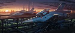  absurdres assembling building cable commentary_request from_side hangar highres horizon karamas machine mecha mecha_focus mitsubishi_f-2 multiple_others original repairing robot roundel science_fiction signature sunset thrusters 