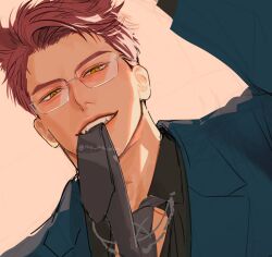  1boy blush crew_cut fangs glasses highres love_and_deepspace male_focus mo_mo_ocha necktie red_hair smile teeth valko_(love_and_deepspace) yellow_eyes 