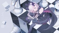  1girl absurdres bare_shoulders black_dress black_thighhighs blue_eyes blue_screen_of_death board_game caricariume ceras_yanagida_lilienfeld chess chess_piece commentary demon_girl demon_horns demon_wings dress frilled_dress frills grey_hair henyoku_no_toribaga highres horns knight_(chess) lace-trimmed_thighhighs lace_trim long_hair looking_at_viewer love_live! love_live!_hasu_no_sora_jogakuin_school_idol_club microsoft_windows single_wing sitting sleeveless sleeveless_dress solo thigh-highs virtual_youtuber wings 