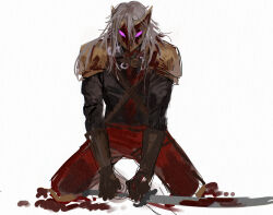  192_saioma 1boy alternate_eye_color armor blood commentary gloves grey_hair highres holding holding_sword holding_weapon kneeling male_focus mask pink_eyes shoulder_armor simple_background slay_the_spire solid_eyes solo sword the_ironclad_(slay_the_spire) weapon white_background 