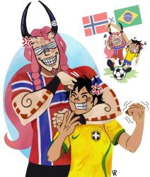  2026_fifa_world_cup 2boys ^_^ anger_vein ball bandages bandages_over_eyes black_hair braid brazilian_flag brazilian_national_soccer_team_uniform closed_eyes commentary english_commentary horns loki_(one_piece) monkey_d._luffy multiple_boys norwegian_flag norwegian_national_soccer_team_uniform one_piece pink_hair pruu0 scar scar_on_face smile soccer_ball soccer_uniform sportswear world_cup 