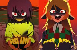  1girl 1other animal_ears antlers blonde_hair brown_hair buck_teeth checkered_clothes checkered_sweater_vest checkered_vest commentary deer_antlers deer_ears deer_girl deltarune eyelashes furry furry_female highres holding_hands horns korean_commentary kris_(deltarune) multiple_pov nervous_sweating no_mouth noelle_holiday open_mouth partially_shaded_face partially_submerged pg5374 pov red_eyes reindeer_girl smile sweat teeth two-tone_sweater_vest upper_body utdr_(toby_fox) vest water weird_route_(deltarune) 
