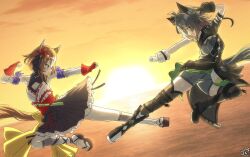  animal_ears antenna_hair battle black_gloves black_shirt breasts brown_eyes brown_hair color_neko commentary_request ear_covers fighting fighting_stance fingerless_gloves flying_kick gloves hair_between_eyes hair_ornament hairclip highres horse_ears horse_girl horse_tail kicking martial_arts multicolored_hair multiple_girls open_mouth pinwheel pinwheel_hair_ornament shirt short_hair skirt streaked_hair sunset tail titleholder_(umamusume) umamusume white_hair white_streaks yaeno_muteki_(umamusume) 