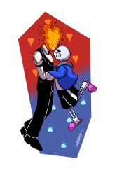  2017 2boys 2d bartender black_bowtie black_shorts black_vest blue_jacket bowtie commentary digital_media duo elemental_(creature) fire_elemental flaming_head gradient_background grey_hood grillby heart hollow_eyes hood hood_down hooded_jacket hug humanoid jacket male male_focus male_only monster monster_boy multicolored_background multiple_boys no_glasses no_mouth nuzzle open_clothes open_jacket orange_skin sans_(undertale) shirt shorts signature simple_background skeleton spanish_commentary striped_clothes striped_shorts sweetcrow teeth twitter_username undead undertale utdr_(toby_fox) vertical-striped_clothes vertical-striped_shorts vest white_shirt white_stripes yaoi 