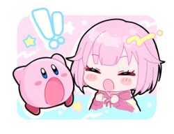  ! !! 1girl :o blue_eyes blunt_bangs clenched_hands closed_eyes commentary_request crossover drawstring hands_up kirby kirby_(series) long_sleeves ootori_emu open_mouth pink_hair project_sekai short_hair star_(symbol) tied_drawstring toro_ro_oekaki 