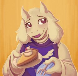  1girl 2022 2d animal_ears animal_nose anthro body_fur clunkydot delta_rune_(symbol) delta_rune_print digital_media droopy_ears eyelashes fangs female female_only floppy_ears food fork furry furry_female goat goat_ears goat_girl goat_horns goat_tail highres holding holding_food holding_fork holding_plate horns long_sleeves looking_up mammal monster monster_girl pastry pie plate portrait print_robe purple_robe robe skin_fangs solo tail tail_tuft toriel undertale utdr_(toby_fox) white_fur white_horns white_sleeves yellow_background 