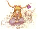  bangs blunt_bangs blush bottle closed_eyes cosmic_(crownclowncosmic) drunk eyes_closed face gourd graphite_(medium) grin horns ibuki_suika indian_style long_hair looking_at_viewer mixed_media orange_hair sitting sketch smile solo touhou traditional_media 