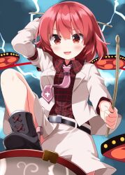  1girl :d belt black_belt black_boots black_shirt blush boots collared_shirt commentary drum drumsticks electricity hair_between_eyes highres holding holding_drumsticks horikawa_raiko instrument jacket long_sleeves looking_at_viewer medium_hair mitsudomoe_(shape) necktie open_clothes open_jacket open_mouth plaid_clothes plaid_shirt purple_necktie red_eyes red_hair ruu_(tksymkw) shirt skirt smile solo taiko_drum tomoe_(symbol) touhou white_jacket white_skirt 