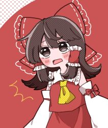  1girl ^^^ ascot bow brown_eyes brown_hair collared_shirt commentary cowboy_shot detached_sleeves double-parted_bangs frilled_bow frilled_hair_tubes frilled_shirt_collar frills hair_bow hair_tubes hakurei_reimu highres long_hair long_sleeves open_mouth red_background red_bow red_shirt red_skirt salt_(saltty) shirt skirt sleeveless sleeveless_shirt solo touhou untranslatable_commentary white_sleeves wide_sleeves yellow_ascot 