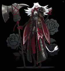  1girl animal_ears armor armored_dress axe battle_axe black_background blue_eyes breastplate cloak deadslug dress fantasy faulds flower freckles full_body gloves high_heels highres holding holding_axe huge_weapon long_arms long_hair long_legs looking_at_viewer original pauldrons pointy_shoes red_cloak red_gloves rose shoulder_armor single_pauldron solo tail tall_female weapon white_hair 