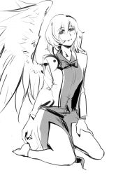  anklet bare_legs bow bowtie commentary_request greyscale hand_on_own_thigh jacket jewelry kishin_sagume kneeling monochrome puchikya single_wing swimsuit thighs touhou white_background wings 
