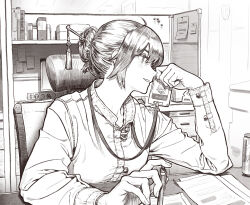  1girl ahoge cable can chair character_request clock copyright_request cubicle desk drawer drink_can electrical_outlet fingernails greyscale hair_bun highres holding holding_id_card holding_pen id_card indoors long_sleeves monochrome office office_chair paper pen shelf short_hair single_hair_bun smile solo swivel_chair wall_clock yyydddd0 