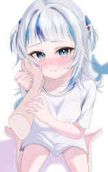  1girl alternate_costume blue_streaks blue_tail blush closed_mouth fang fins fish_tail gawr_gura hair_ornament highres hololive hololive_english looking_at_viewer multicolored_hair rimu_(user_akkm3425) shark_girl shark_hair_ornament shark_tail shirt skin_fang solo streaked_hair tail two_side_up virtual_youtuber white_shirt 