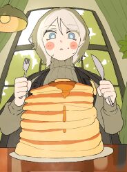  1girl black_coat black_vest blue_eyes blush cafe coat coat_on_shoulders commentary english_commentary fan_request faust_(project_moon) food fork grey_sweater highres holding holding_fork holding_knife indoors knife limbus_company looking_down open_mouth pancake pancake_stack plate project_moon short_hair solo sweat sweater vest white_hair yongsadragon 