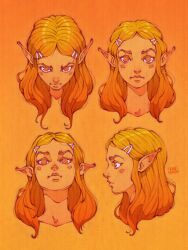  1girl artist_name blonde_hair closed_mouth cropped_head ena_bianca facing_viewer hair_ornament hairclip long_hair monochrome multiple_views orange_background orange_eyes parted_bangs pointy_ears princess_zelda profile sidelocks solo the_legend_of_zelda the_legend_of_zelda:_breath_of_the_wild 