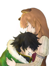  1boy 1girl animal_ear_fluff animal_ears black_hair black_shirt blunt_bangs brown_dress brown_hair clenched_teeth cloak closed_eyes closed_mouth collared_dress collared_shirt commentary_request dress from_side fur_trim green_cloak high_collar highres hug iwatani_naofumi layered_dress long_hair long_sleeves ma_bo_do_hugozen messy_hair metal_arm_cuffs open_mouth raccoon_ears raccoon_girl raphtalia red_eyes shirt short_hair simple_background smile straight_hair tanuki tate_no_yuusha_no_nariagari teeth two-tone_dress white_background white_fur yellow_trim 