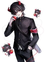  1boy absurdres alternate_costume alternate_eye_color apple arm_at_side armband black_hair black_jacket black_pants black_sleeves blunt_ends chibi chibi_inset contemporary cowboy_shot demon_boy demon_horns earrings empty_eyes fangs food fruit genshin_impact hand_in_pocket hand_up heterochromia highres holding holding_food holding_fruit horns jacket jewelry layered_sleeves long_sleeves looking_at_viewer male_focus mandarin_collar open_mouth pants red_eyes red_horns scaramouche_(genshin_impact) school_uniform solo string string_of_fate talking_ok teeth tongue translation_request tsurime violet_eyes white_background white_sleeves 