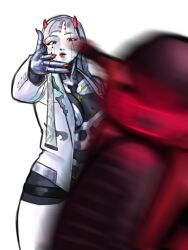  1girl absurdres blunt_bangs blurry blurry_foreground breasts commentary english_commentary gameplay_mechanics grey_hair highres horns humanoid_robot jacket joints laky large_breasts long_hair meme metal_skin motor_vehicle motorcycle overwatch red_eyes red_horns red_lips ringed_eyes robot robot_joints shion_(overwatch) solo suit white_jacket white_suit woe_plague_be_upon_ye_(meme) 