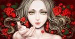  blood collarbone eyelashes face flower foreshortening green_eyes hands highres lips lipstick looking_at_viewer makeup no_bra nude original outstretched_hand red_rose rose sifuri solo wallpaper 
