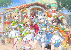  1st_generation_(hololive) 4girls akai_haato aki_rosenthal animal_ears aqua_eyes blonde_hair blue_eyes blue_sky braid breasts brown_hair closed_mouth commentary_request company_name copyright_notice dress fox_ears fox_girl fox_tail gloves haaton_(akai_haato) hair_between_eyes hand_on_own_hip hat holding_baton hololive leg_up long_hair matsurisu medium_hair multiple_girls natsuiro_matsuri official_art otton pentagram ponytail rosen-tai shirakami_fubuki shoes sky smile sparkle sukonbu_(shirakami_fubuki) tail train violet_eyes virtual_youtuber white_dress white_gloves white_hat white_shoes 