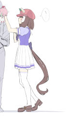  1girl absurdres animal_ears breasts brown_hair brown_shoes commentary_request from_side hand_puppet hat height_difference highres horse_ears horse_girl horse_tail marche_lorraine_(umamusume) mismatched_ear_covers puffy_short_sleeves puffy_sleeves puppet red_hat school_uniform shoes short_sleeves simple_background solo_focus tail thigh-highs tracen_school_uniform trainer_(umamusume) translation_request umamusume white_background white_thighhighs yokoyu 