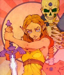  1girl artist_name bare_arms bare_shoulders blonde_hair breasts camisole closed_mouth commentary ena_bianca english_commentary hair_ornament hairclip holding holding_sword holding_weapon long_hair master_sword medium_breasts parted_bangs pointy_ears princess_zelda shirt sidelocks skeleton sleeveless sleeveless_shirt stalfos sword the_legend_of_zelda the_legend_of_zelda:_breath_of_the_wild upper_body weapon yellow_camisole yellow_eyes yellow_shirt 