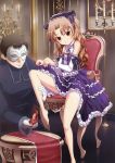  absurdres bare_legs barefoot blush bow brown_eyes brown_hair chair detached_sleeves dress dress_lift feet flat_chest frills headdress high_heels highres kneeling lolita_fashion long_hair mask original purple_dress shoes sitting stool wavy_hair 