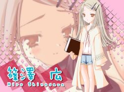 1990s_(style) 1girl blonde_hair blue_shorts book brown_eyes character_name chise_(ll158o) coat collarbone commentary_request denim denim_shorts feet_out_of_frame gakuen_idolmaster hair_ornament hairclip highres holding holding_book idolmaster long_coat long_hair long_sleeves looking_at_viewer midriff_peek open_clothes open_coat parallel_hairclips parted_bangs parted_lips pink_background retro_artstyle rope_belt shinosawa_hiro shirt short_shorts shorts sidelocks sleeves_past_wrists solo standing thighs torn_clothes torn_shorts white_shirt yellow_coat zoom_layer 