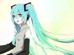  aqua_eyes aqua_hair artist_request bare_shoulders detached_sleeves grin hatsune_miku headset long_hair necktie open_mouth solo source_request twintails vocaloid 