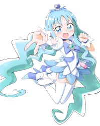  1girl :d absurdres ankle_boots arm_up blue_boots blue_bow blue_choker blue_dress blue_eyes blue_hair blue_wrist_cuffs blush boots bottle bow brooch chest_bow choker clenched_hand commentary cure_marine dress earrings europa_715 floral_dress flower_earrings frilled_sleeves frilled_wrist_cuffs frills full_body gyaru_v hair_bow hair_ornament hand_up heart heart_brooch heart_hair_ornament heartcatch_precure! high_heel_boots high_heels highres jewelry kurumi_erika legs_up long_hair looking_at_viewer magical_girl midair multicolored_dress open_mouth outstretched_arm perfume_bottle pointy_boots pouch precure puffy_short_sleeves puffy_sleeves reaching reaching_towards_viewer short_dress short_sleeves simple_background smile solo thigh-highs two-tone_dress v v-shaped_eyebrows very_long_hair wavy_hair white_background white_dress white_thighhighs wrist_cuffs zettai_ryouiki 