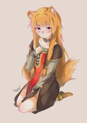  1girl animal_ear_fluff animal_ears artist_name between_legs blush brown_dress child chinese_commentary closed_mouth collar commentary_request dated dress full_body grey_dress hand_between_own_legs hand_on_own_chest heart highres junbiu637 long_hair long_sleeves looking_at_viewer medium_dress messy_hair metal_collar metal_wrist_cuffs orange_hair pink_background pink_hair pinstripe_dress pinstripe_pattern raccoon_ears raccoon_girl raccoon_tail raphtalia red_dress seiza short_sleeves simple_background sitting smile solo tail tanuki tate_no_yuusha_no_nariagari two-tone_dress watermark yellow_dress 