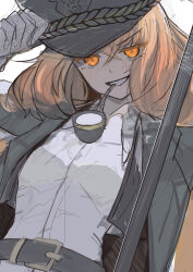  1girl alternate_eye_color belt black_belt collared_shirt freckles gloves green_jacket grin hand_up highres ishmael_(project_moon) jacket lapels limbus_company long_hair looking_at_viewer nakashikaji notched_lapels orange_eyes orange_hair pequod_(identity)_(project_moon) project_moon shirt sidelocks simple_background smile smlie smoking_pipe solo very_long_hair white_background white_gloves white_shirt 