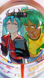  2026_fifa_world_cup 2girls absurdres brazilian_flag brazilian_flag_print brazilian_miku breasts cellphone commentary fake_horns fisheye flag_print gloves hatsune_miku helmet highres horned_helmet horns karachiiy large_breasts multiple_girls norway norwegian_flag_print phone shorts_tan smartphone smug sweat tan tanlines teeth upper_teeth_only vocaloid world_cup 