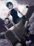  bare_shoulders blue_eyes blue_hair casing_ejection ciel gun moon seventh_holy_scripture shell_casing tattoo tsukihime weapon 