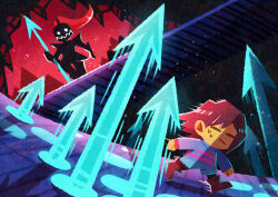  1girl 1other :| =_= absurdres armor blue_sweater boots brown_boots brown_hair closed_mouth colored_skin commentary_request dutch_angle frisk_(undertale) full_armor highres holding holding_polearm holding_weapon motion_blur no_nose polearm running short_hair spear sweat sweater undertale undyne utdr_(toby_fox) watawata22 weapon yellow_skin 