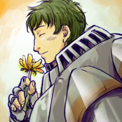  1boy armor blush closed_eyes closed_mouth commentary_request fingerless_gloves fire_emblem fire_emblem_awakening flower from_side gloves grey_gloves holding holding_flower kellam_(fire_emblem) koutsuge lowres male_focus profile solo upper_body 